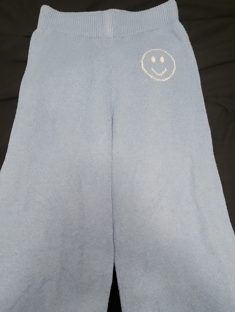 Sincerely Jules Large Wide-Leg Smiley Face Cozy Knit Lounge Pants Blue